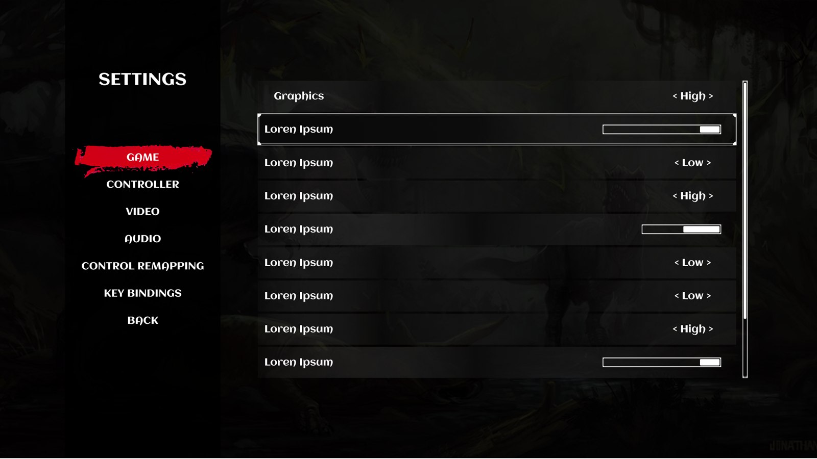 Game settings screen showing a scrollable list of options with sliders and stepper controls
